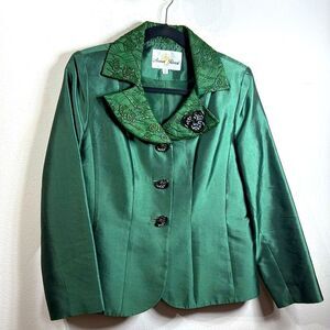(R) Anna Rossi vintage green jacket with embroidered collar, Size 10